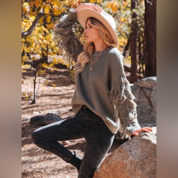 Vici Coronado Fringe Sleeve Knit Sweater - Olive - Picture 1 of 3